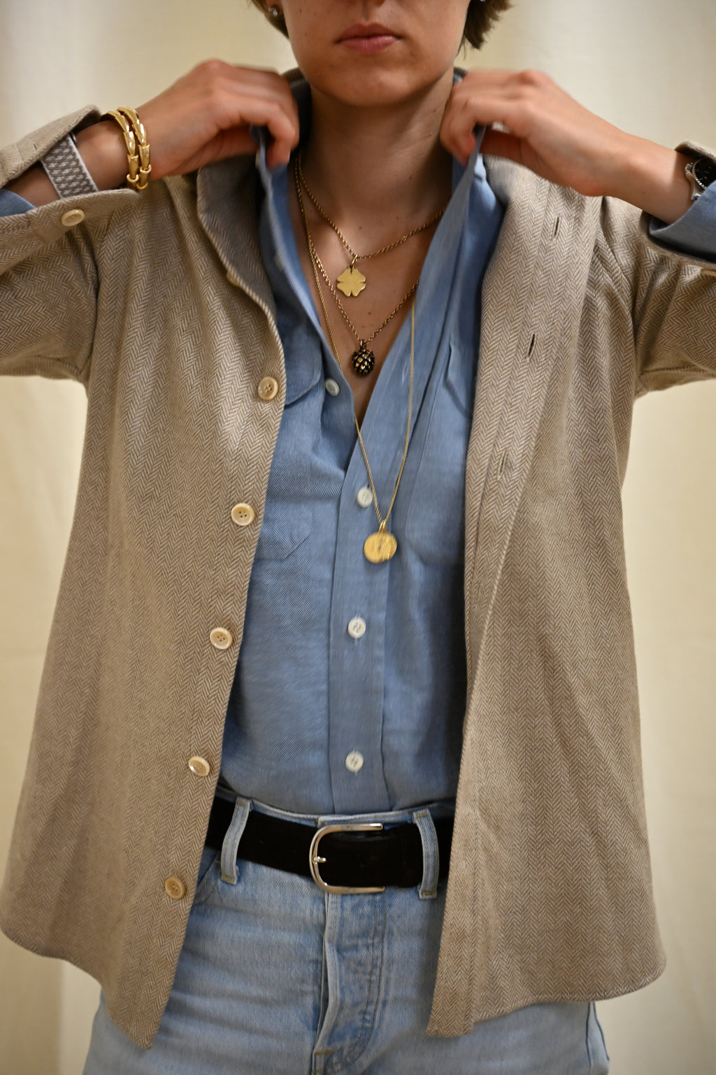 HERRINGBONE CASHMERE OVERSHIRT IVORY BEIGE