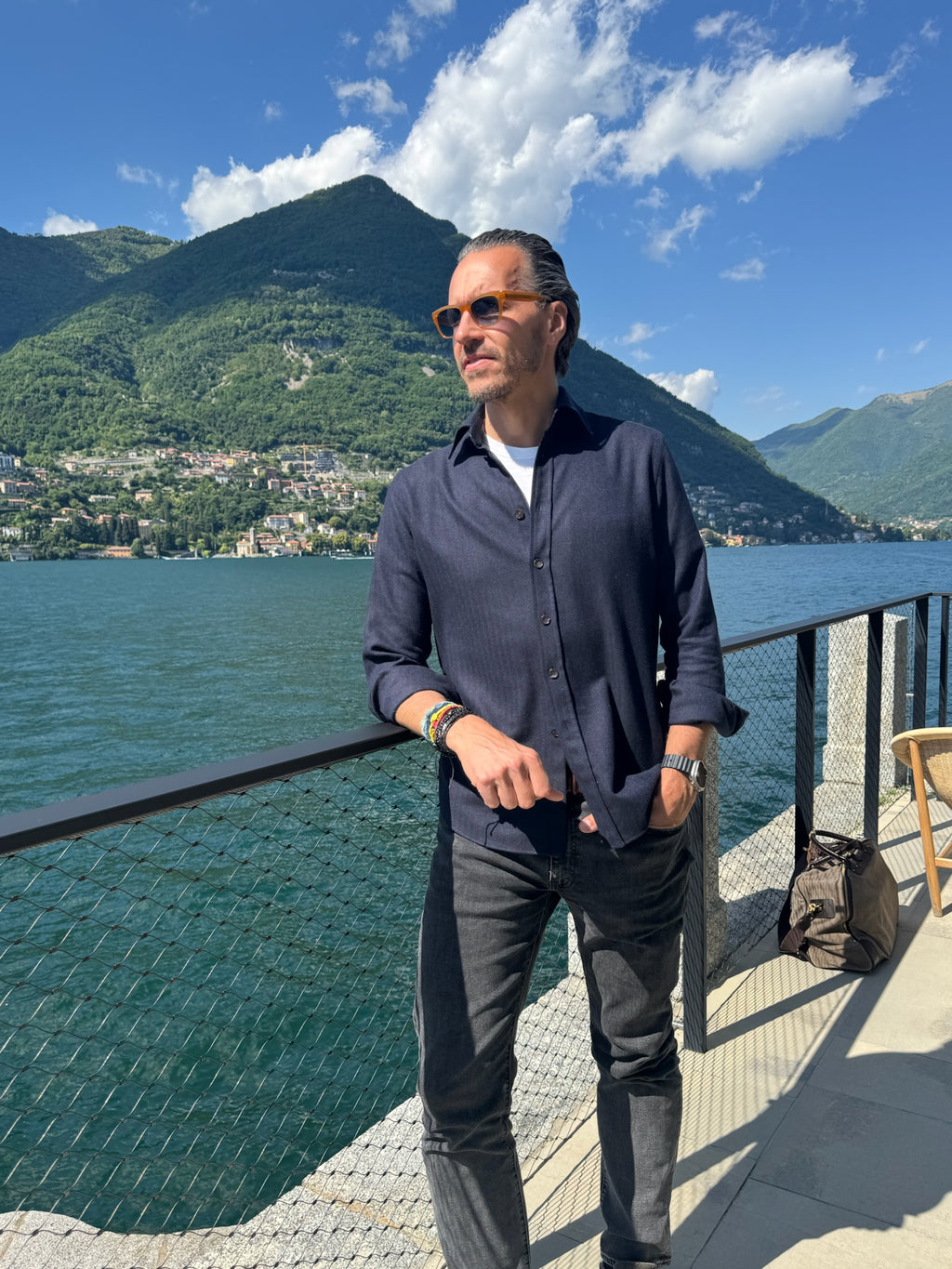 HERRINGBONE CASHMERE OVERSHIRT NAVY-GREY