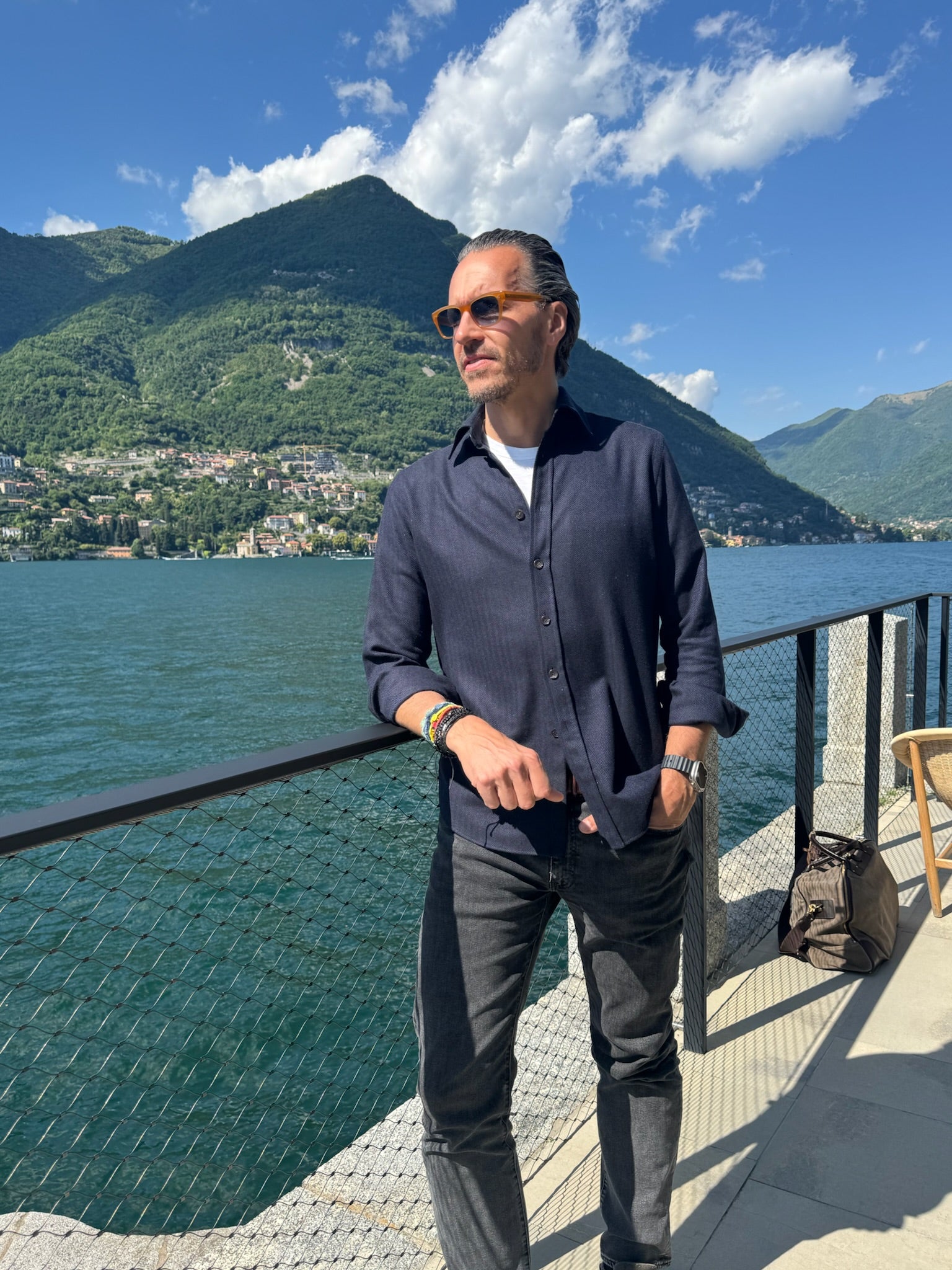 HERRINGBONE CASHMERE OVERSHIRT NAVY-GREY